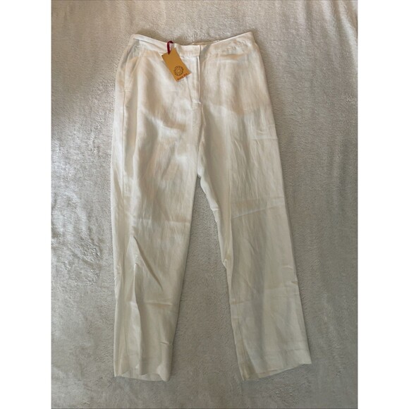 Womens White Linen Blend Trousers 10P Wide Leg Loose Pants Lightweight NWT - Picture 1 of 8